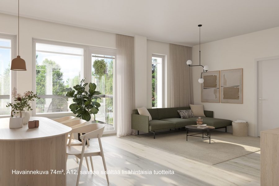 Havainnekuva asunnon A12 (74 m²) olohuoneesta