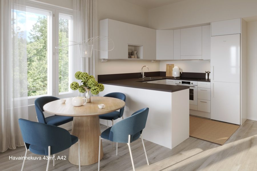 Havainnekuva asunnon A42 (43 m²) keittiöstä