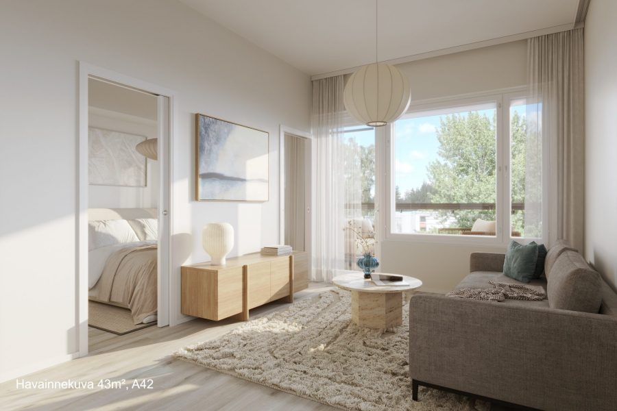 Havainnekuva asunnon A42 (43 m²) olohuoneesta