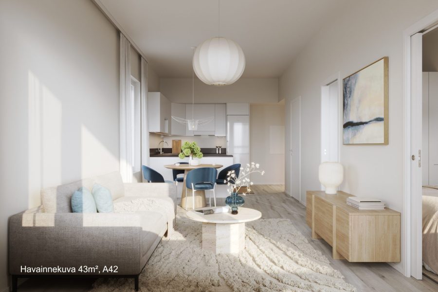 Havainnekuva asunnon A42 (43 m²) olohuoneesta ja keittiöstä